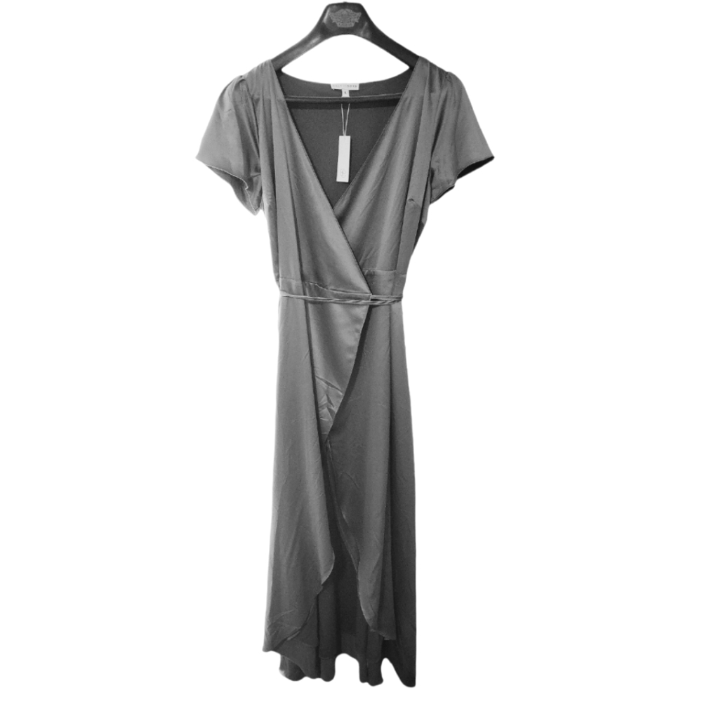 Baltic Born Krystal Satin Wrap Gown in Charcoal,size large